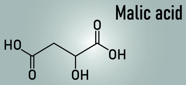Malic acid fruit acid molecule. Present in apples, grapes, rhubarb, etc and contributes to the sour taste of these. Skeletal formula.