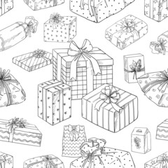 Giftbox sketch pattern. Seamless print with birthday and Christmas cardboard box with decoration ribbons and bows. Festive presents sketch. Holiday celebration. Vector engraving texture