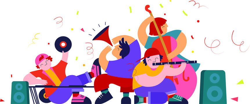 Musicians quartet. Funky musicians with flute, zournas and bass. Modern flat colors illustration.