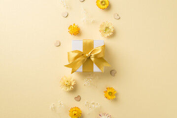 Top view photo of woman's day composition white giftbox with yellow bow hearts and wild flowers on isolated beige background with copyspace