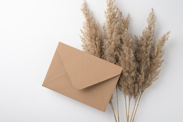Top view photo of reed flowers and craft paper envelope on isolated white background with copyspace