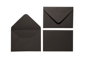 Top view photo of two open and closed stylish black envelopes and black paper sheet on isolated...