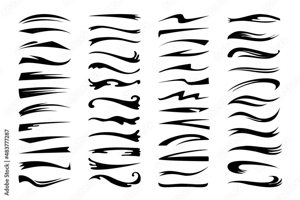Poster Swash tale. Underline swoosh divider. Decorative calligraphic swirl strokes. Black silhouette border elements. Ink or pen flourish. Abstract stripes. Vector marker squiggle shapes set