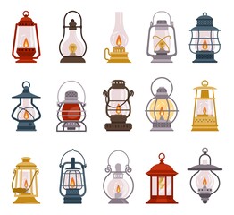 Cartoon camp lamp. Old kerosene and oil vintage lantern with burning wick and holder. Camping illumination. Travelers lighting equipment. Vector tourists retro petroleum lights set © SpicyTruffel