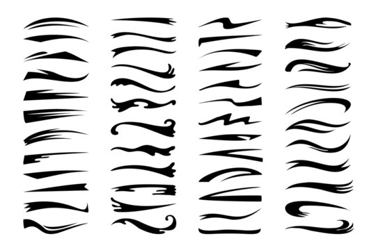Swash tale. Underline swoosh divider. Decorative calligraphic swirl strokes. Black silhouette border elements. Ink or pen flourish. Abstract stripes. Vector marker squiggle shapes set