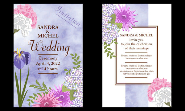 Carte d’invitation recto verso pour un mariage avec une décoration florale printanière composée de diverses fleurs sur un fond marbré mauve- texte anglais.
