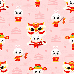 Cute rabbit in chinese traditional costume in cartoon style seamless pattern with temple and hearts, oriental ornament for kids, childish wallpaper