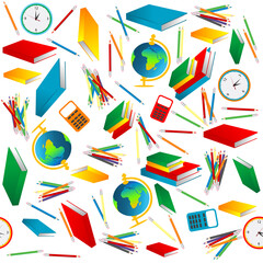 Seamless pattern with pencils, books and various school supplies on a white background