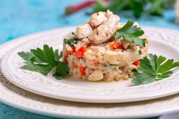 Homemade risotto with chicken.