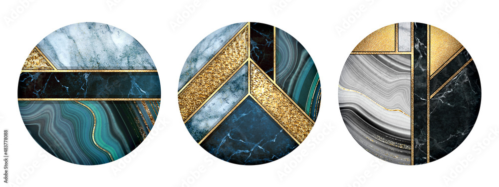 Poster collection of abstract round stickers and labels with marble inlay, marbling textures and mosaic wit