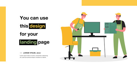 Professional technicians repairing computer in office. Men in uniform with repair tools flat vector illustration. Technology, computer service concept for banner, website design or landing web page