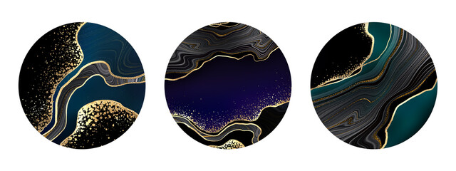 set of round abstract labels with marbling textures, black and gold agate marble decor with golden...