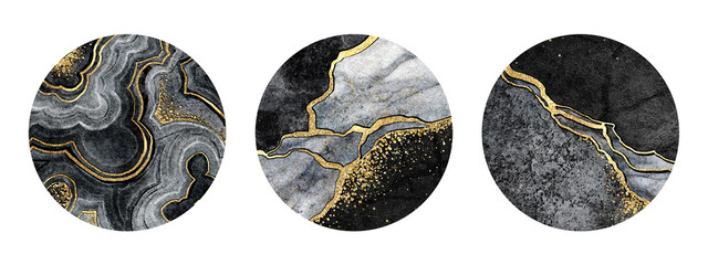 collection of round labels with artificial marble and agate designs, fake painted stone texture...