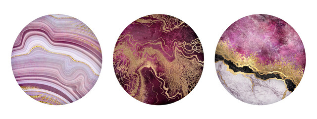 set of round stickers with marbling designs, abstract pink black and white marble decor with golden...