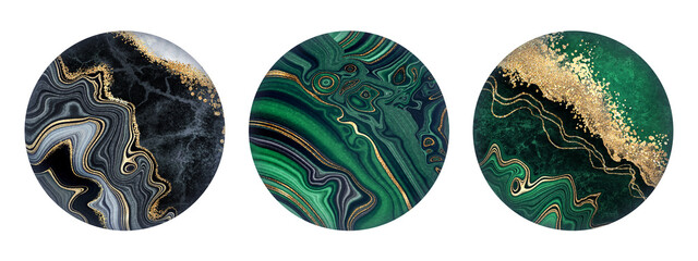 set of round stickers with artificial marble stone texture, abstract marbling decor collection, malachite green and jasper with golden veins - obrazy, fototapety, plakaty