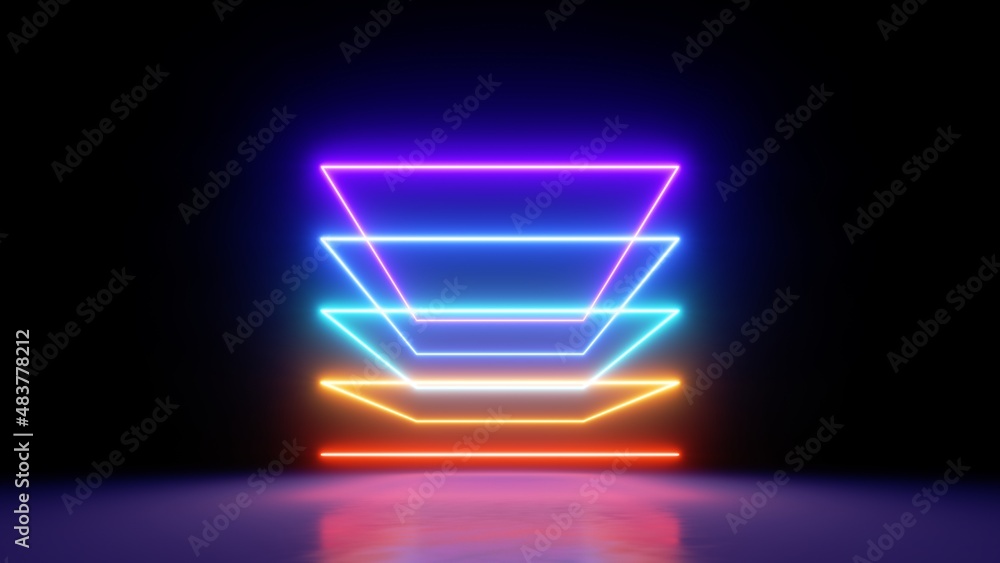 Aufkleber 3d render. abstract neon background with simple square geometric shapes, colorful spectrum lines glo