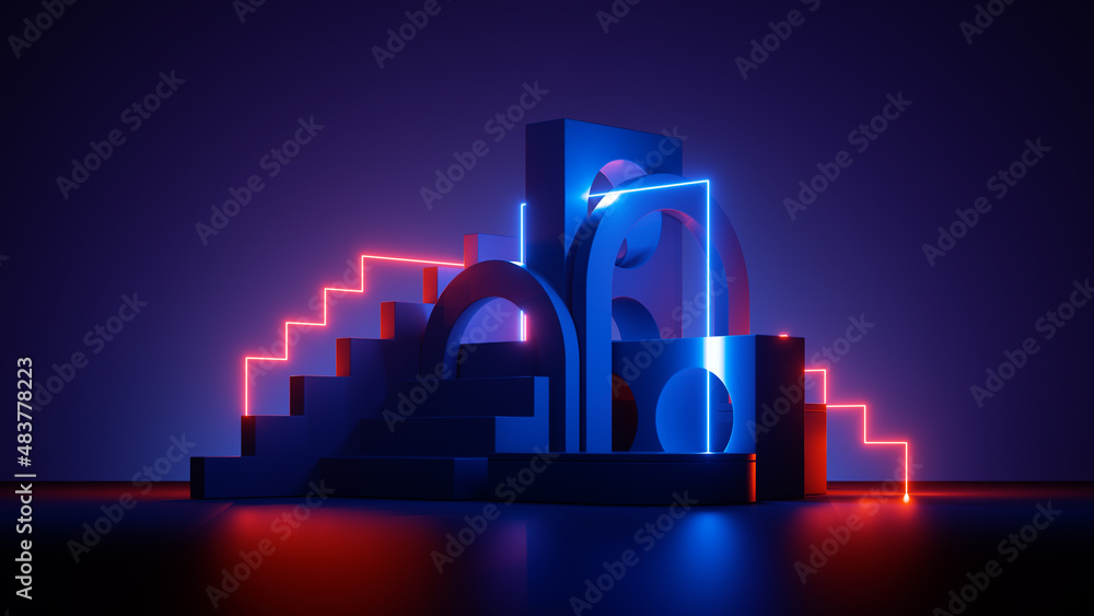 Aufkleber 3d render, blue background with abstract geometric shapes glowing with red neon light. modern minima