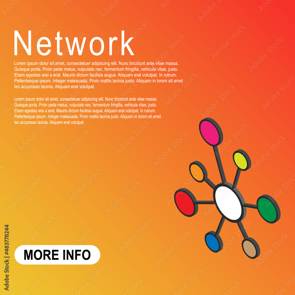 Poster hub isometric network icon, connect structure vector symbol isolated on color background, technology