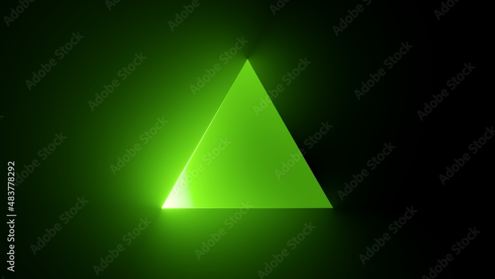 Poster 3d render, abstract simple green background with glowing triangle illuminated with the neon light. g