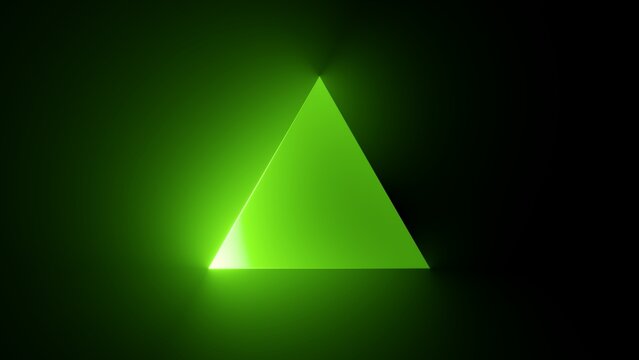 3d render, abstract simple green background with glowing triangle illuminated with the neon light. Geometric shape, blank triangular frame