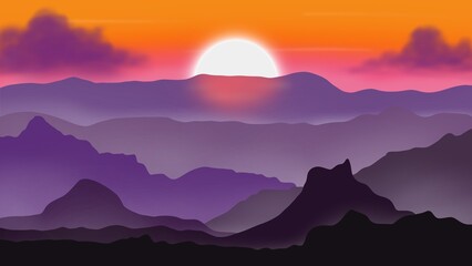 Plakat Fantastic background,landscape of the sunrise in the mountains and stars in the sky.