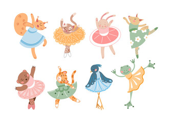 Animal cartoon characters as ballerinas vector illustrations set. Little comic bear, rabbit or bunny, squirrel in dresses or tutus dancing and bowing, Scandinavian or Nordic style. Ballet concept