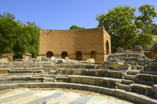 Ancient Odeon in Gortyn. Messara Plain, Crete, Greece. Gortyn, Gortys or Gortyna is a archaeological site on the Mediterranean island of Crete, UNESCO tentative list