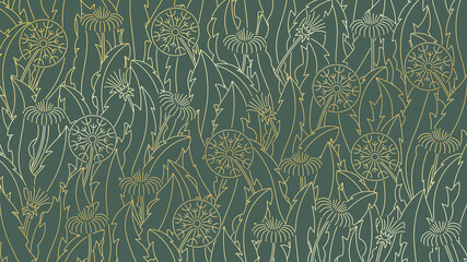 Line art golden wallpaper with dandelion leaves and flowers on gray background