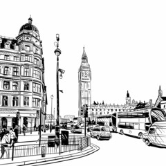  London city Big Ben hand drawn, vector illustration