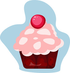 Chocolate cupcake with a cherry on the blue background for birthday