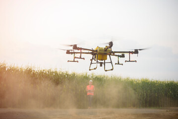 Male engineer controlling drone spraying fertilizer and pesticide over farmland,High technology innovations and smart farming - obrazy, fototapety, plakaty