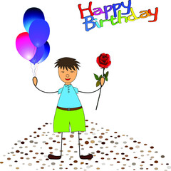 Happy birthday. Greeting card with a boy, colorful balloons, confetti and flowers. Vector illustration eps10.