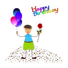 Happy birthday. Greeting card with a boy, colorful balloons, confetti and flowers. 
