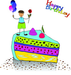 Happy Birthday. Card with boy, colorful balloons, cake, confetti and flowers. Vector illustration eps10.