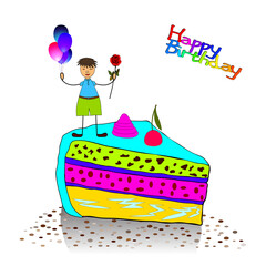 Happy Birthday. Card with boy, colorful balloons, cake, confetti and flowers. 
