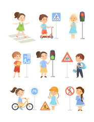 Fototapeta na wymiar School kids learning traffic rules cartoon illustration set. Cute children crossing road on green light, walking on street crosswalk, zebra with bicycle, paying attention to stop signs. Safety concept