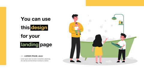 Single father filling tub with water for children. Man bathing daughter and sons in foamy bathtub flat vector illustration. Family, parenting, hygiene concept for website design or landing web page