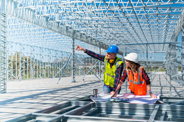 Architect and engineer reviewing blueprint in construction site
