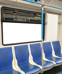 Train station and empty seats commuter with blue color interior inside in the subway train. Bilboard ads - 483778898