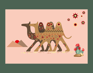 Silhouettes of two camels in oriental style with ornaments and decorative graphic elements