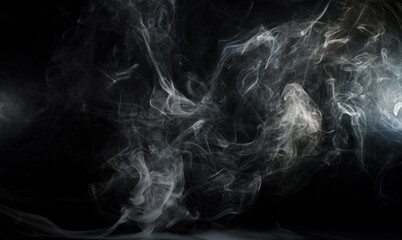 Panoramic view of the abstract fog. White cloudiness, mist or smog moves on black background....