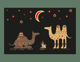 Composition with a pair of stylized camels under the moon and stars on a dark background