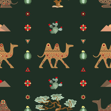 Seamless pattern in oriental style with camels, desert vegetation and geometric elements on a dark background