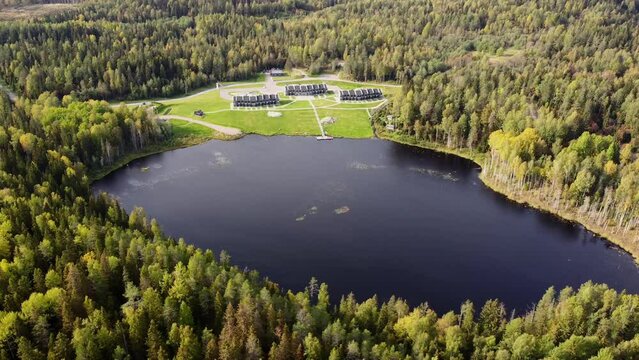 Beautiful nature of Karelia republic. Aerial view from drone to the lake. Aqua colour of water. Russian geographic. Amazing panoramic view to the forest. Sight and karelian showplace and vacation. 