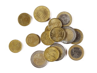 Euro and cent coins, change isolated on white, top view