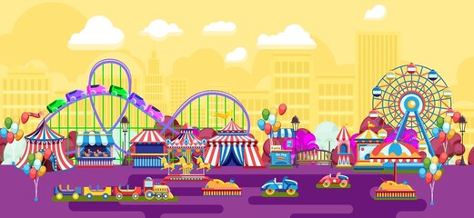 Obraz premium Amusement park for carnival entertainment and festival. Public attraction for joy and fun family recreation