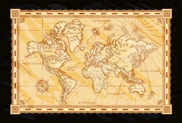 Old world map parchment, vintage geography land atlas. Grunge detailed nautical navigation map with compass