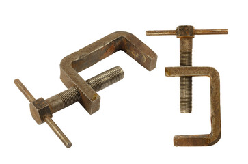 Old rusty clamp isolated on white background