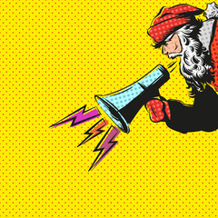 Santa Claus hand drawn with loudspeaker,  comics book style vector illustration