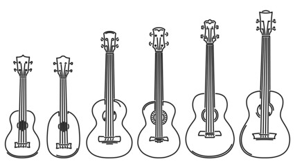 Set of flat design vector images of simple stringed musical instruments ukulele (soprano,